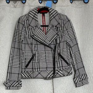 White House Black Market Blazer Jacket Houndstooth Zip Up Shoulder Pads-Size 6